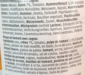 Bisque de homard ingredients label