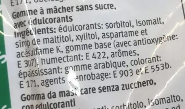 Chewing Gum Spearmint ingredients label