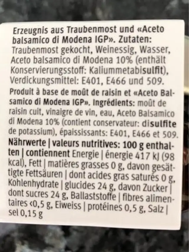 Perlen aus "Aceto Balsamico di Modena IGP" ingredients label