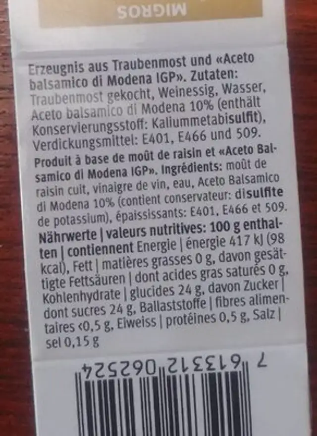 Perlen aus "Aceto Balsamico di Modena IGP" nutrition facts table