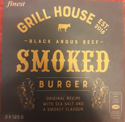 Black Angus beef smoked burger original recipe with sea salt and a smokey flavour
