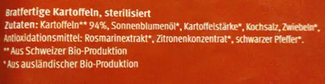 Rösti Original ingredients label