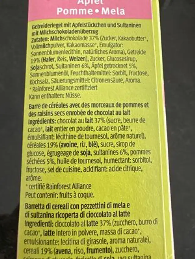 Apfel Soft Choc ingredients label