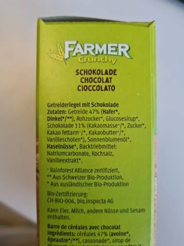 Chocolat ingredients label