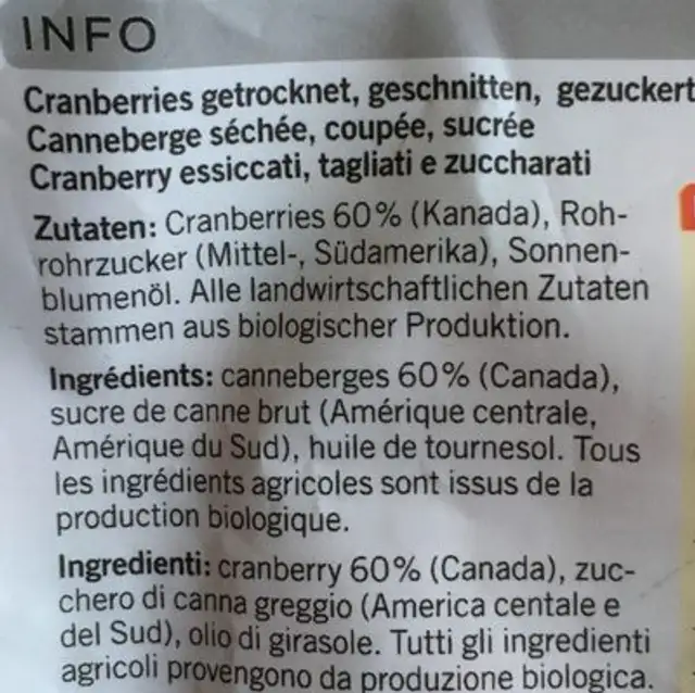 Coop Naturaplan Cranberries Bio ingredients label