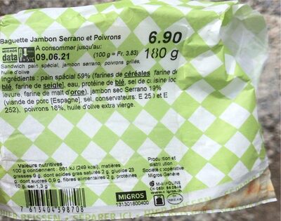 Baguette jambon serrano et poivrons