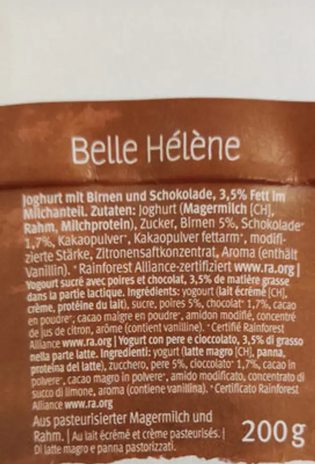Yoghurt Saison Belle Hélène ingredients label