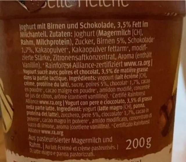 Yoghurt Saison Belle Hélène nutrition facts table