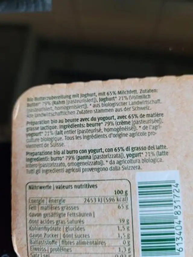 Joghurt-Butter ingredients label