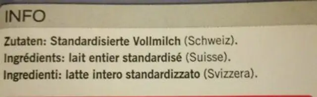 Lait entier ingredients label