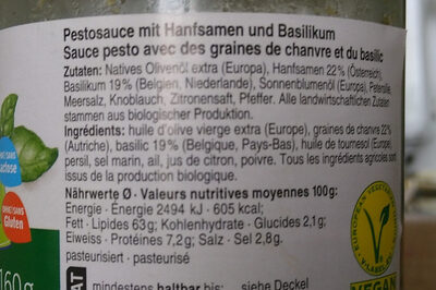 Pesto au chanvre ingredients label