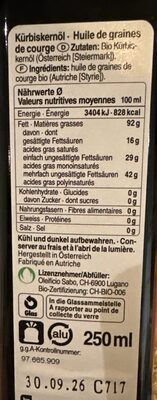 Huile de graine de courge de styrie nutrition facts table