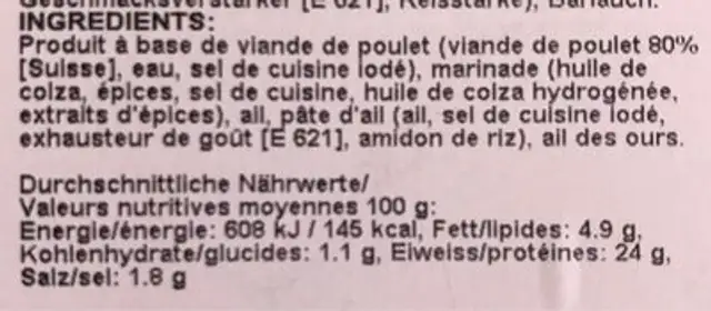 Poulet Snack ingredients label