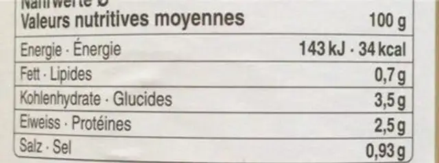 Coeurs de palmier nutrition facts table