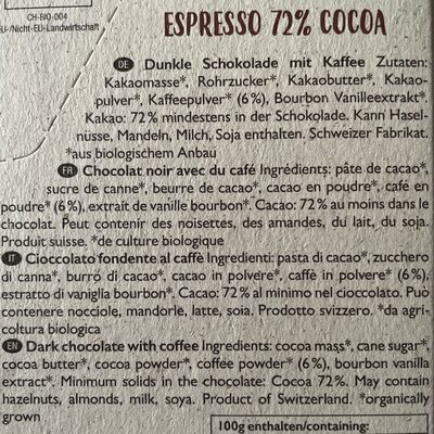 Swiss Organic 72% ingredients label