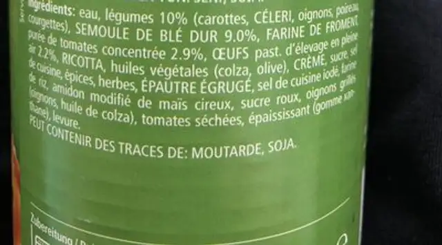 Ravioli aux légumes ingredients label