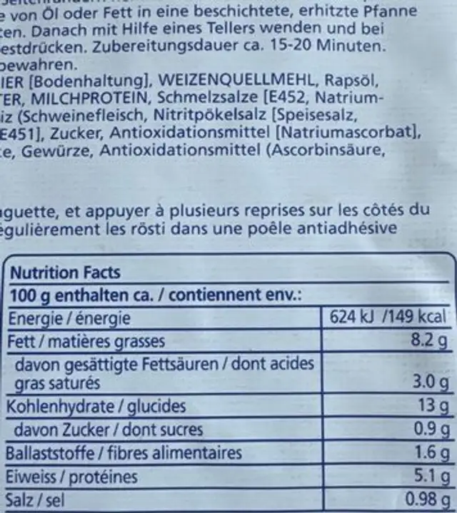 Älpler Rösti nutrition facts table