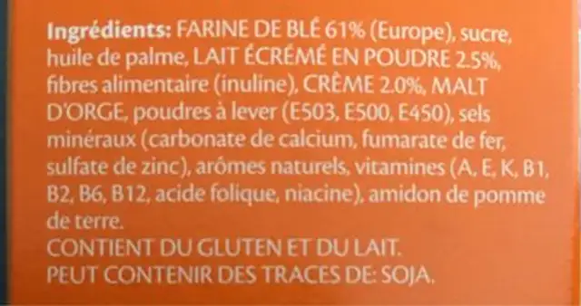 Galactina Plasmon au lait ingredients label