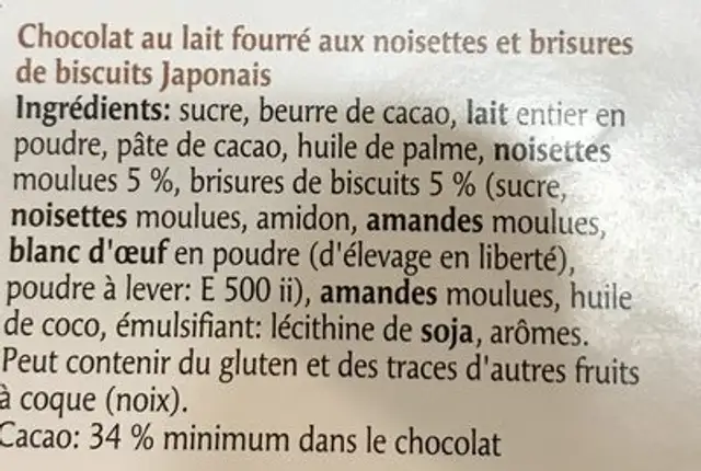 Les délices - Chocolat au lait fourré aux noisette et brisures de biscuits Japonais ingredients label