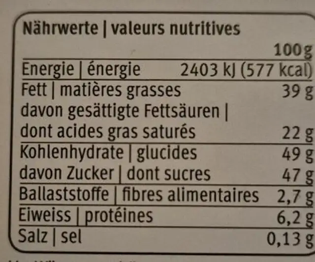 Les délices - Chocolat au lait fourré aux noisette et brisures de biscuits Japonais nutrition facts table
