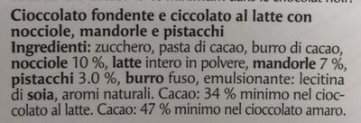 Chocolat noir et chocolat au lait avec noisettes, amandes et pistaches ingredients label