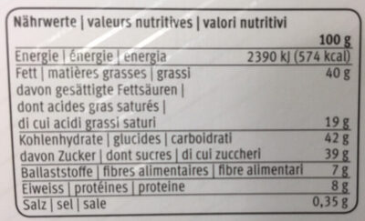 Chocolat noir et chocolat au lait avec noisettes, amandes et pistaches nutrition facts table