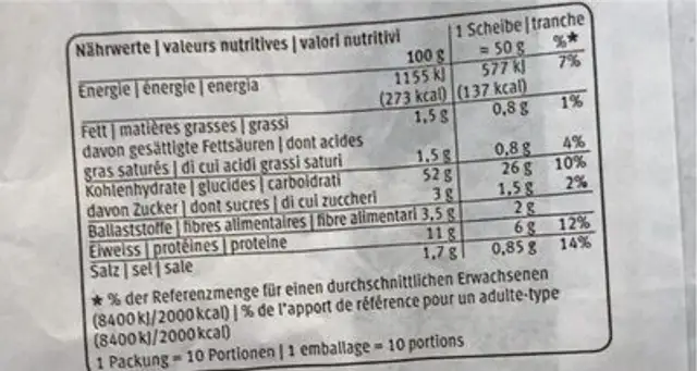 Pain Bûcheron nutrition facts table