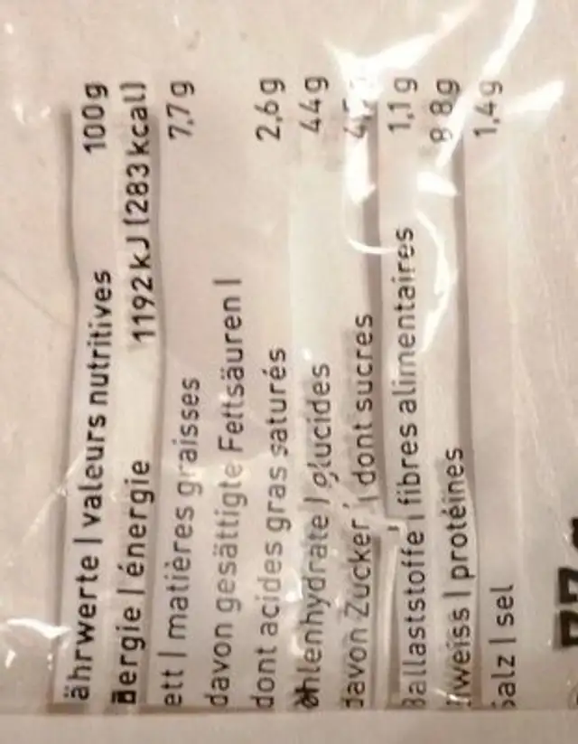 Bretzel de sils nutrition facts table