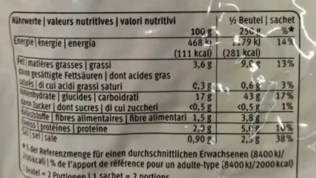 Rösti 'Original' 5X500G nutrition facts table