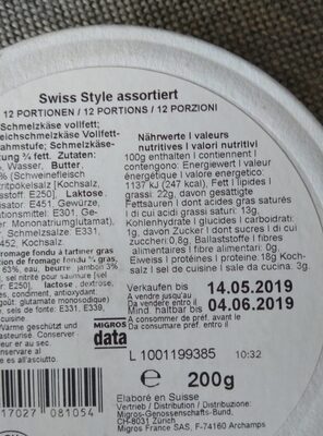 Swiss-style fromage fondu nutrition facts table
