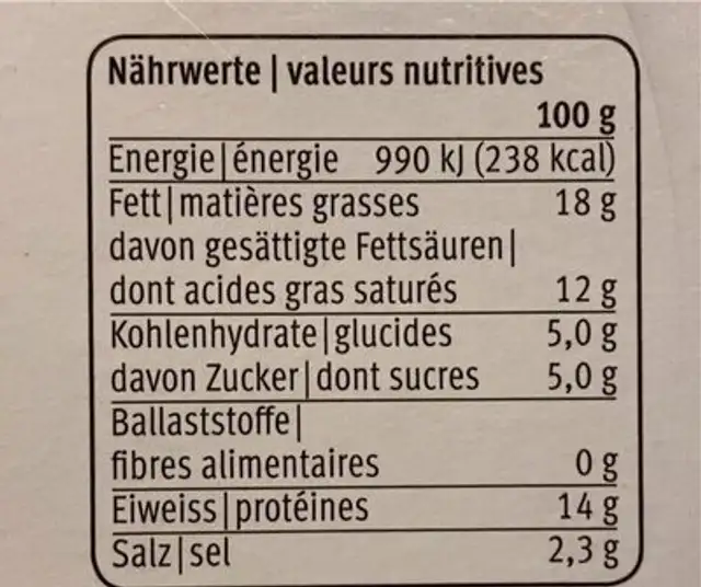 Préparation de fromage fondu nutrition facts table