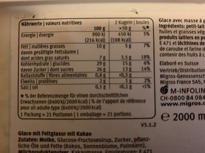Stracciatella Ice cream with oily mass and cocoa nutrition facts table