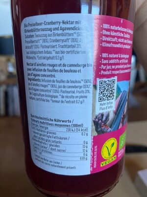Biotta Preiselbeere Plus ingredients label