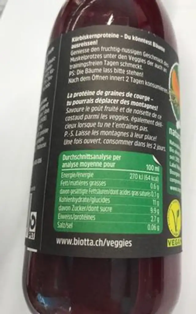 BIOTTA PROTEIN VEGGIE nutrition facts table