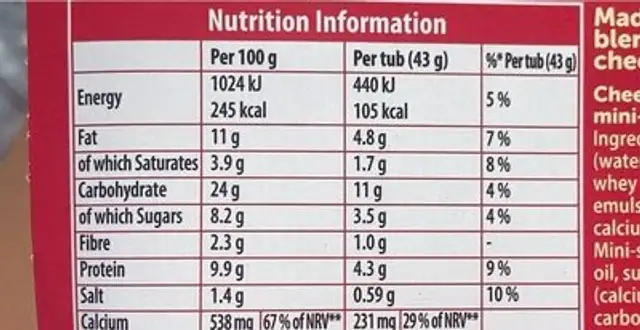Dairylea d. Baked nutrition facts table