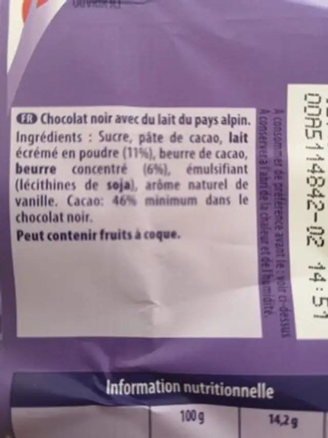 Tendre noir ingredients label