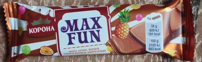 Шоколад молочний "Корона Максфан" з фруктовими шматочками, з шипучими рисовими кульками та іскристою карамеллю