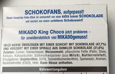 Mikado king choco ingredients label