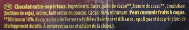 Chocolat noir ingredients label