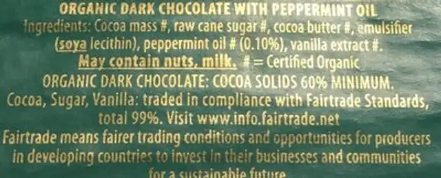 Dark chocolate Mint 60% ingredients label