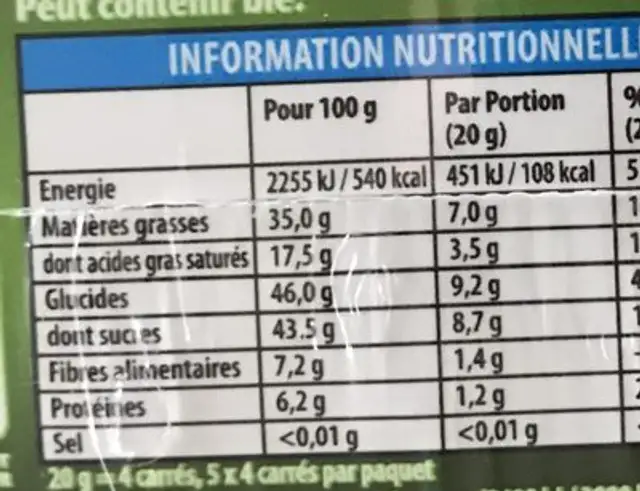 Noir Extra Noisettes nutrition facts table