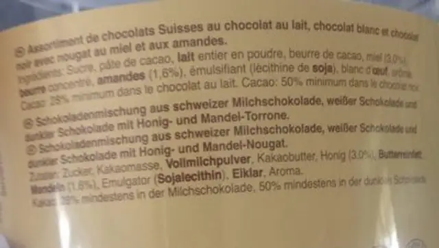 Mini Toblerone ingredients label