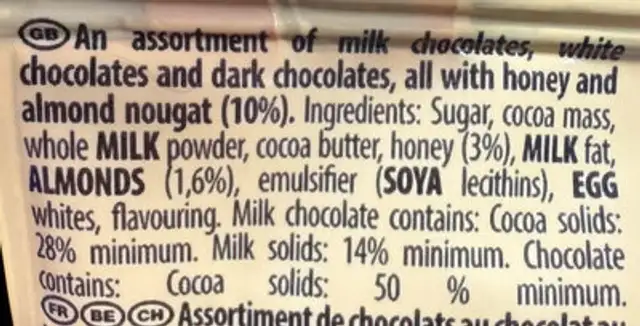 Tiny Toblerone Milk, White & Dark ingredients label