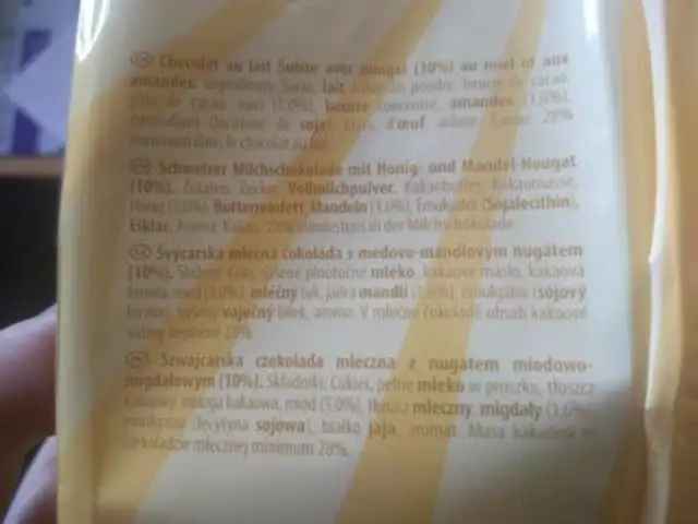 Swiss Milk Chocolate ingredients label