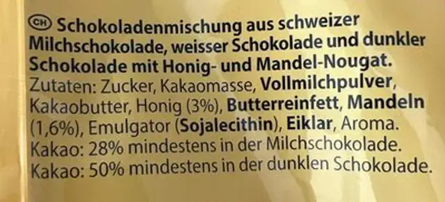 Toblerone ingredients label