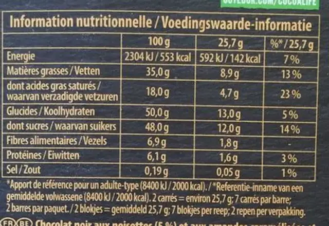 Brut noir - noisettes grillées & amandes nutrition facts table