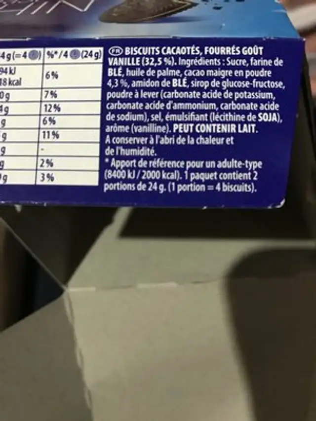 Oreo Crispy & Thin Original ingredients label