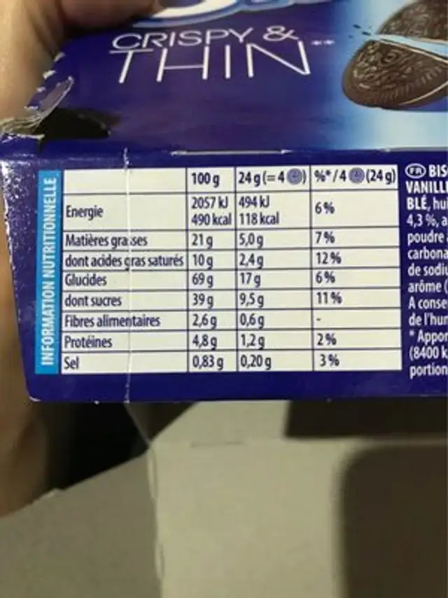 Oreo Crispy & Thin Original nutrition facts table