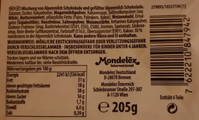 Mischung von Alpenmilch Schokolade und gefüllter Alpenmilch Schokolade front packaging