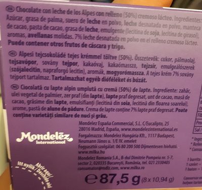 Milkinis ingredients label